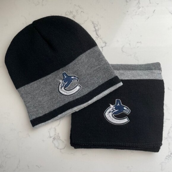 NHL Vancouver Canuck Logo Acrylic Knit Toque + Scarf Set (2 pce) Blk Gray OS - Picture 2 of 8